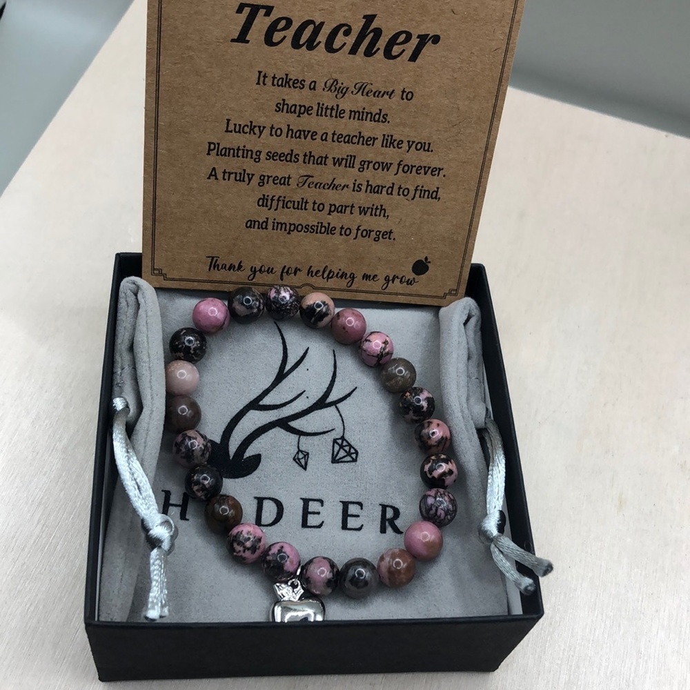 Teacher Appreciation Gift Stone Beads Apple Charm Stretch Bracelet.